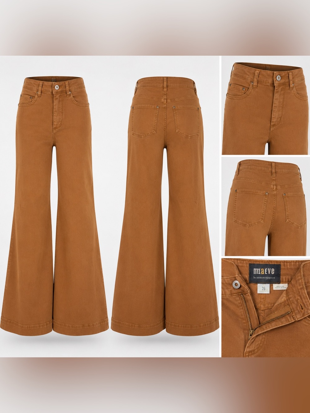 Maeve by Anthropologie Wide Leg Flare Jeans Size 26 Camel Brown High Rise Denim